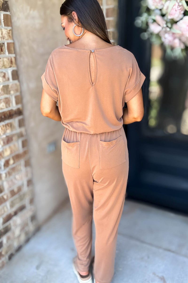 Just The One Mocha Front Pockets V-neck Adjustable Waist Jumpsuit