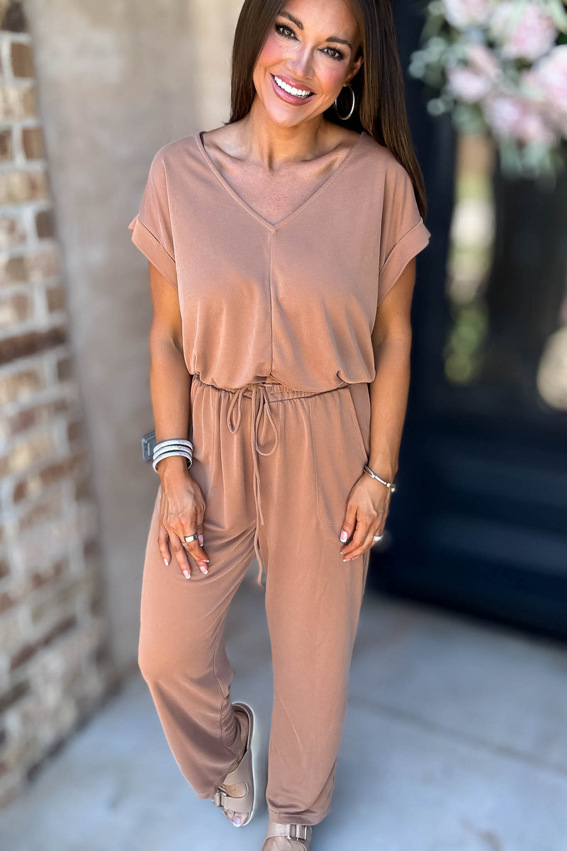 Just The One Mocha Front Pockets V-neck Adjustable Waist Jumpsuit