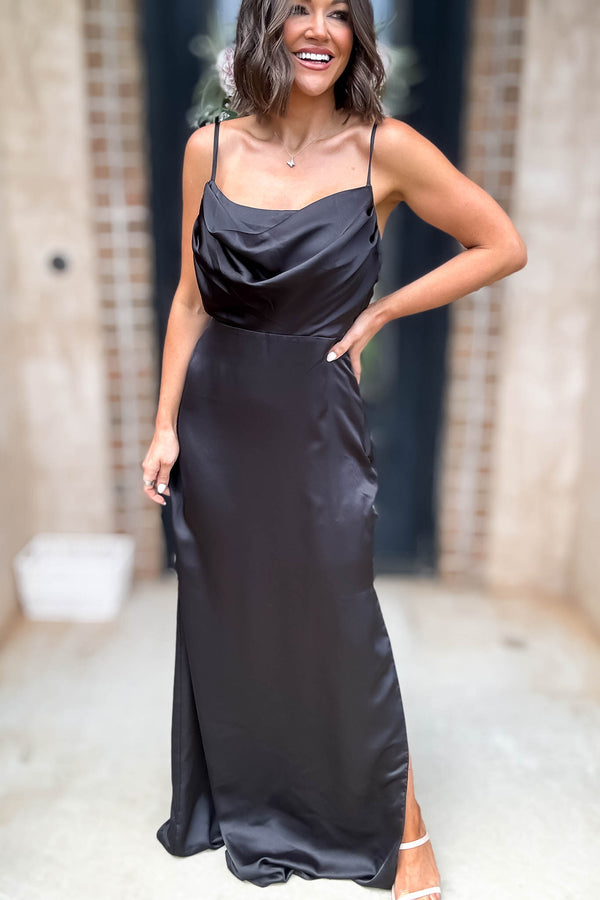 Sugar Lips Black Sleeveless Cowl Neck Side Slit Maxi Gown Dress