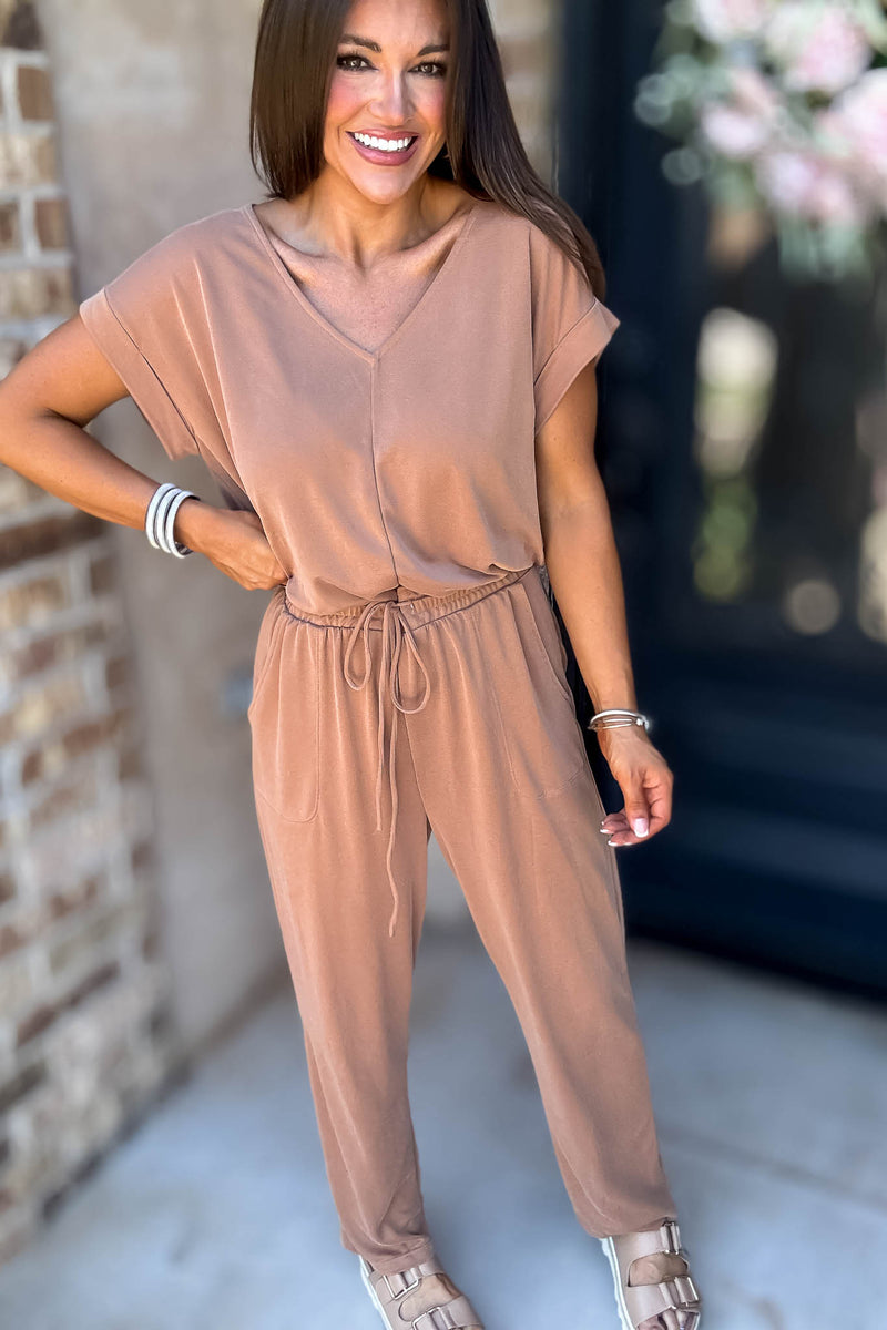 Just The One Mocha Front Pockets V-neck Adjustable Waist Jumpsuit