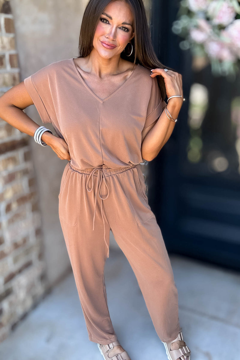 Just The One Mocha Front Pockets V-neck Adjustable Waist Jumpsuit