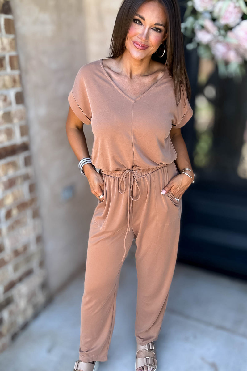 Just The One Mocha Front Pockets V-neck Adjustable Waist Jumpsuit