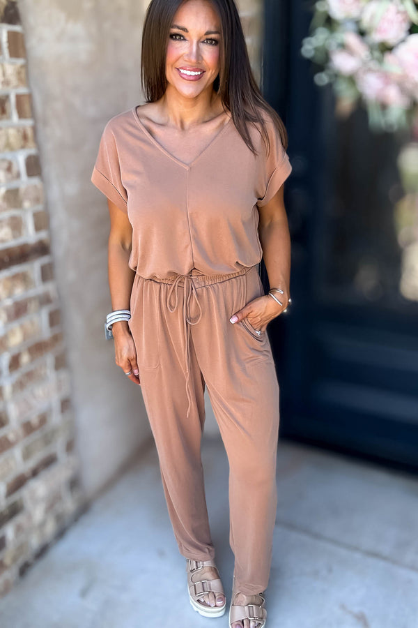 Just The One Mocha Front Pockets V-neck Adjustable Waist Jumpsuit