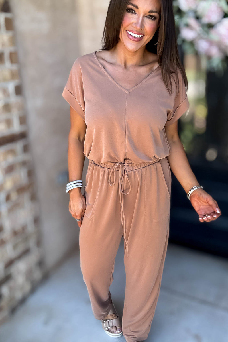 Just The One Mocha Front Pockets V-neck Adjustable Waist Jumpsuit