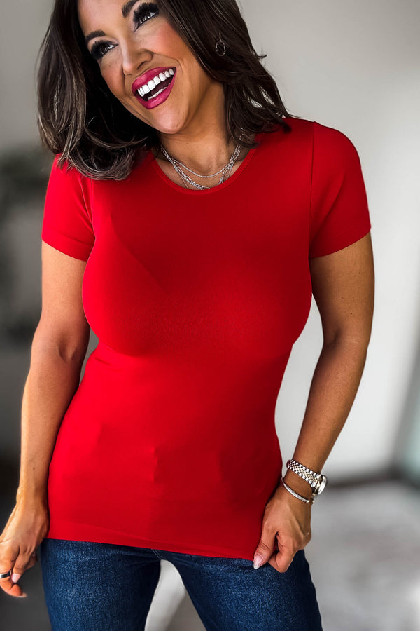Seamless Round Red Neck Short Sleeve Top