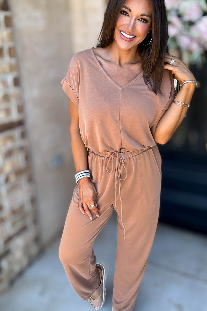 Just The One Mocha Front Pockets V-neck Adjustable Waist Jumpsuit