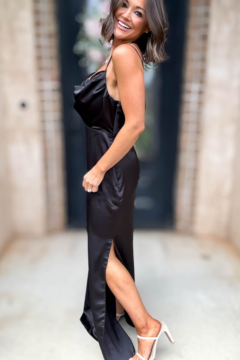 Sugar Lips Black Sleeveless Cowl Neck Side Slit Maxi Gown Dress
