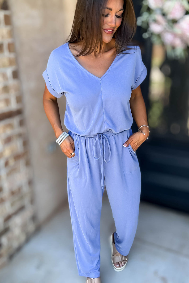 Just The One Blue Front Pockets V-neck Adjustable Waist Jumpsuit