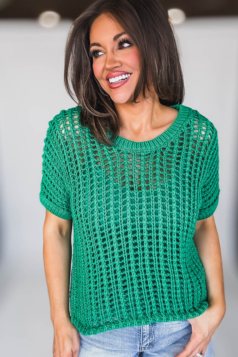 Fun In The Sun Green Open Crochet Sweater