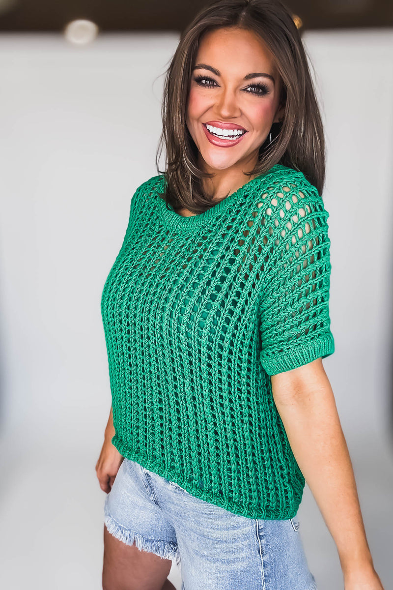 Fun In The Sun Green Open Crochet Sweater