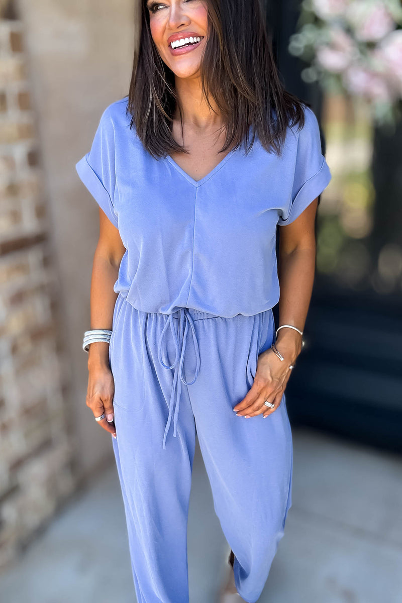 Just The One Blue Front Pockets V-neck Adjustable Waist Jumpsuit