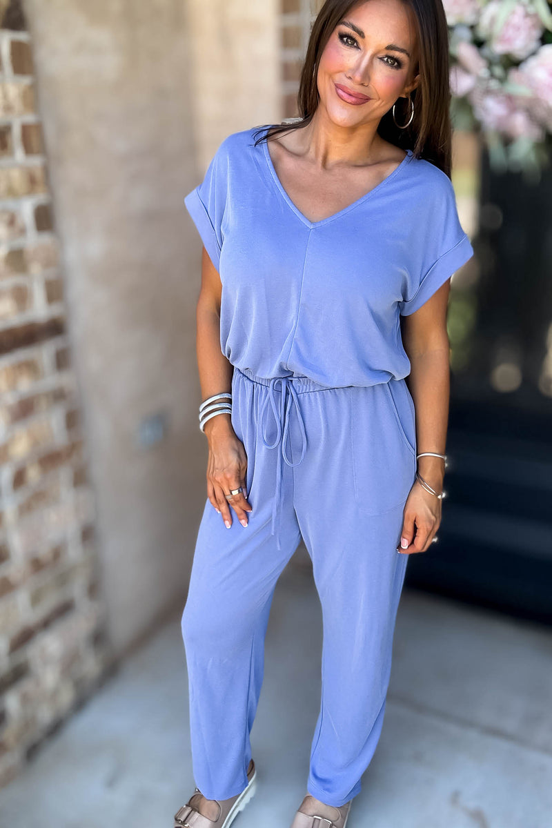 Just The One Blue Front Pockets V-neck Adjustable Waist Jumpsuit