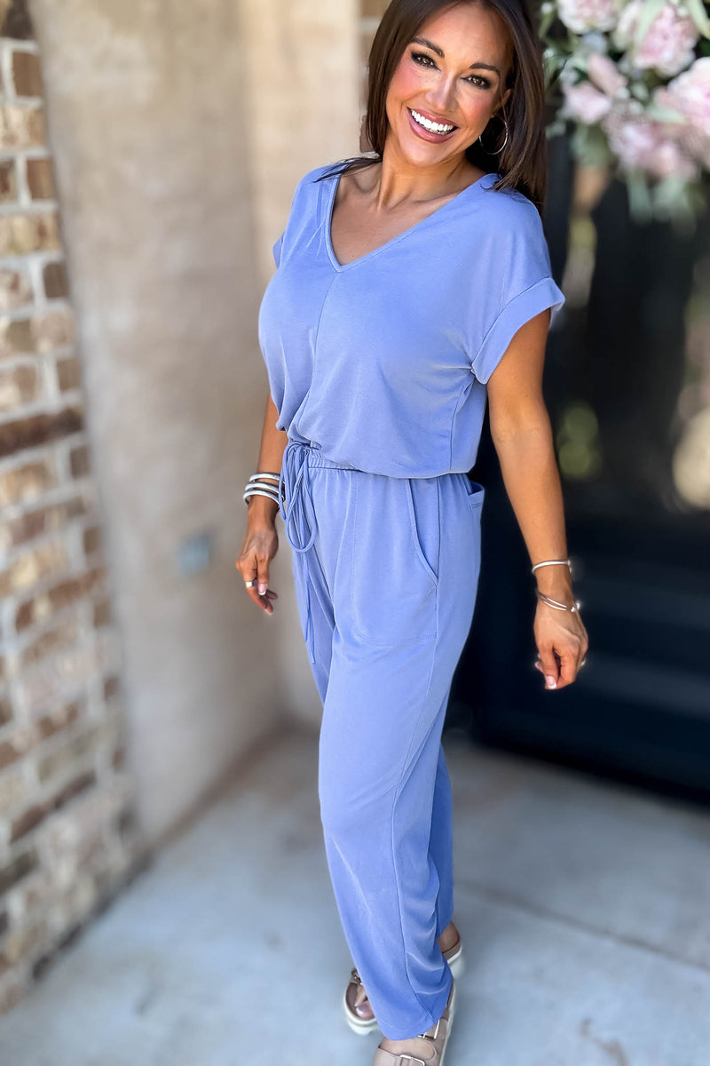 Just The One Blue Front Pockets V-neck Adjustable Waist Jumpsuit
