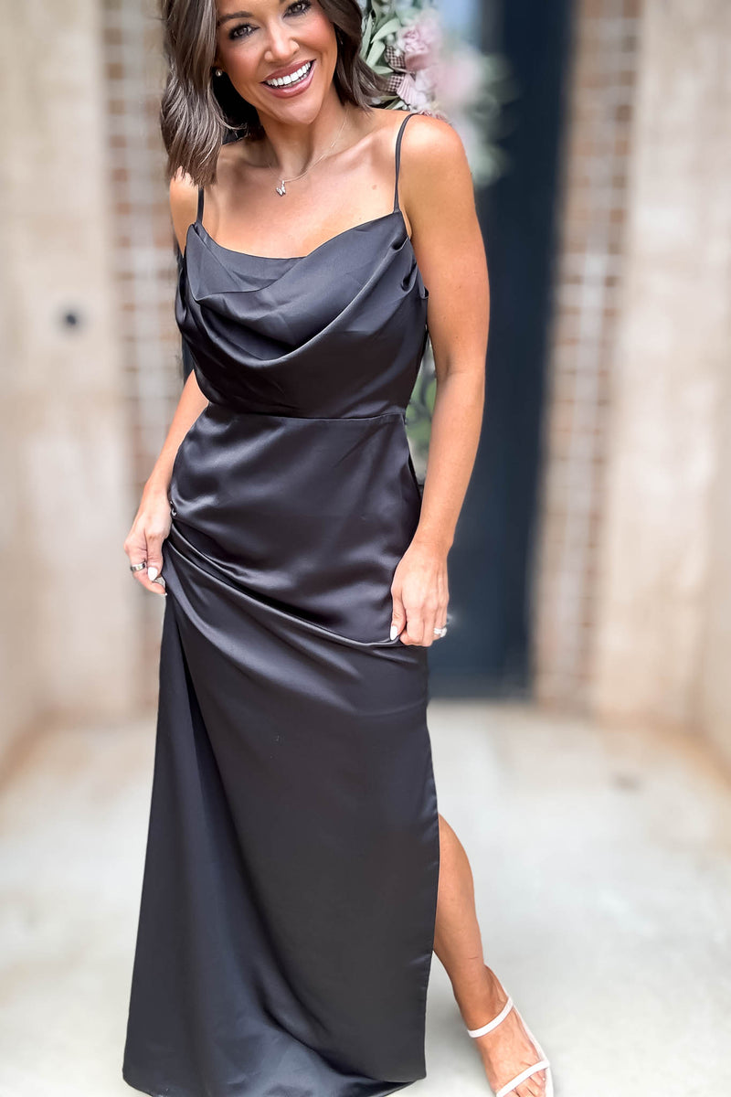 Sugar Lips Black Sleeveless Cowl Neck Side Slit Maxi Gown Dress