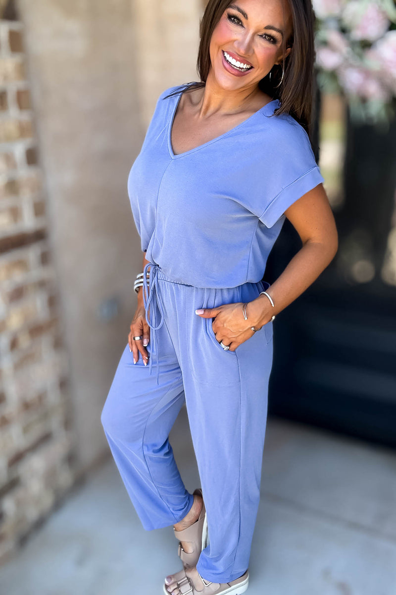 Just The One Blue Front Pockets V-neck Adjustable Waist Jumpsuit