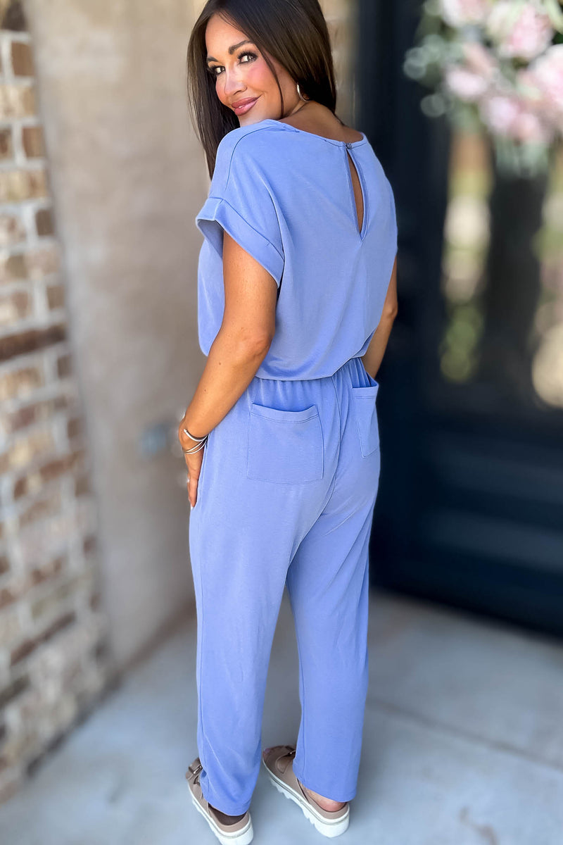 Just The One Blue Front Pockets V-neck Adjustable Waist Jumpsuit