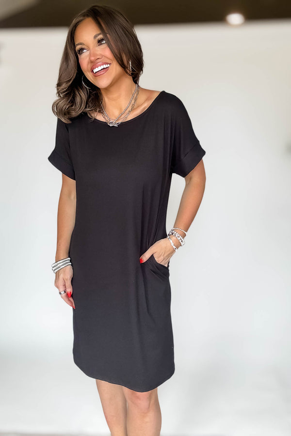 Rolled Short Sleeve Round Neck Black Dress