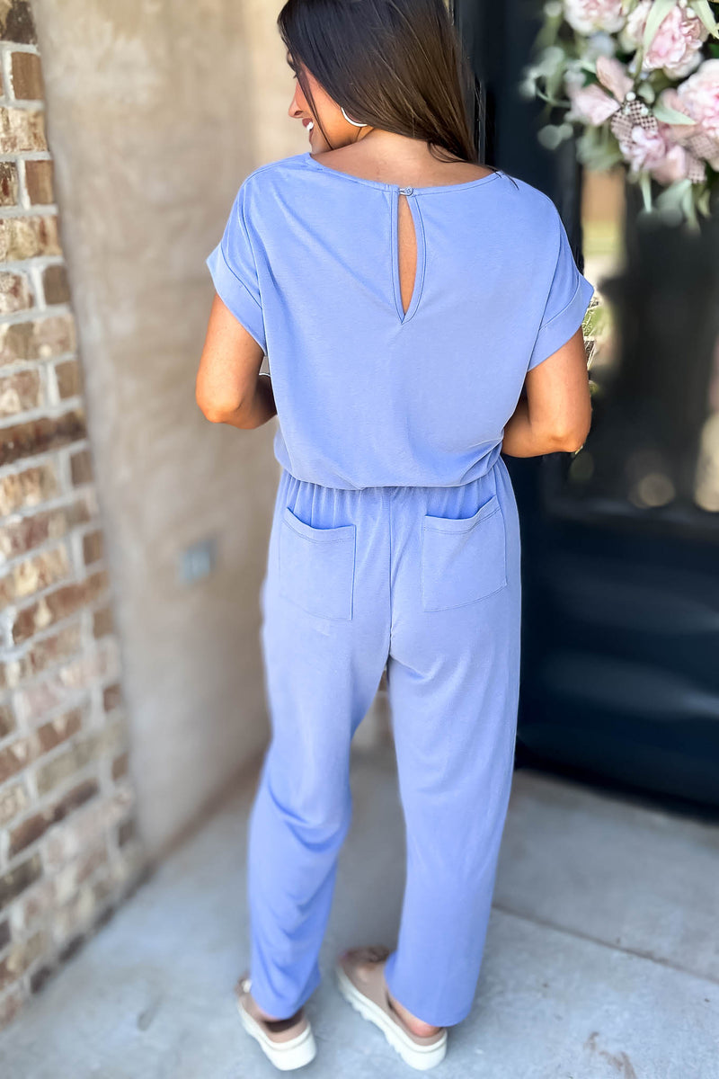 Just The One Blue Front Pockets V-neck Adjustable Waist Jumpsuit