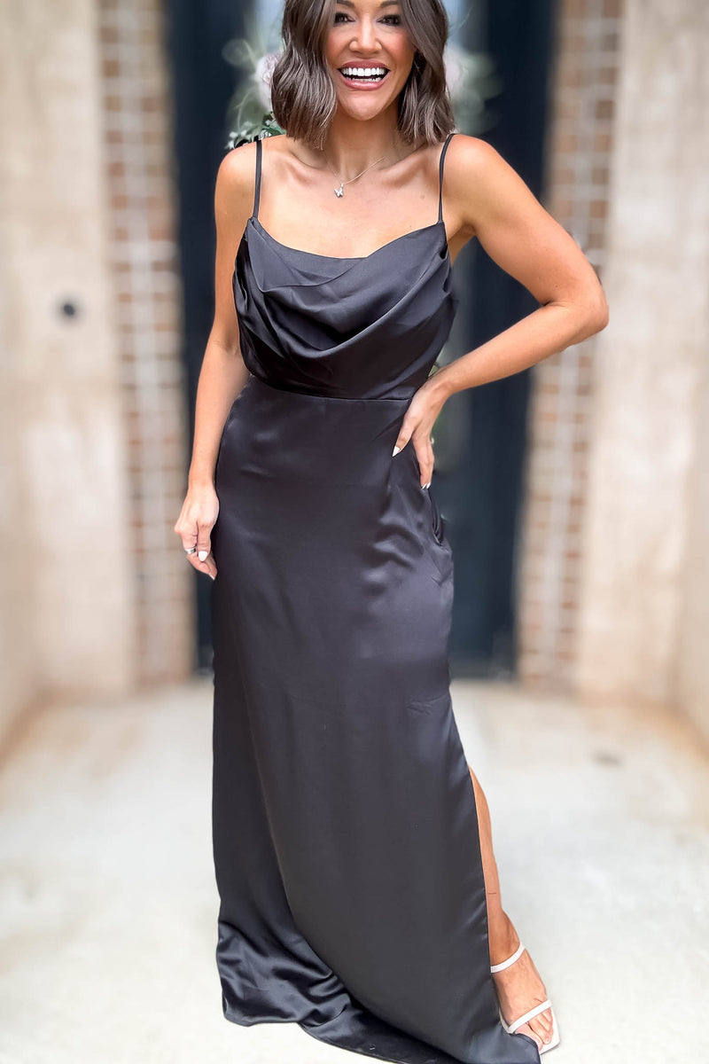 Sugar Lips Black Sleeveless Cowl Neck Side Slit Maxi Gown Dress