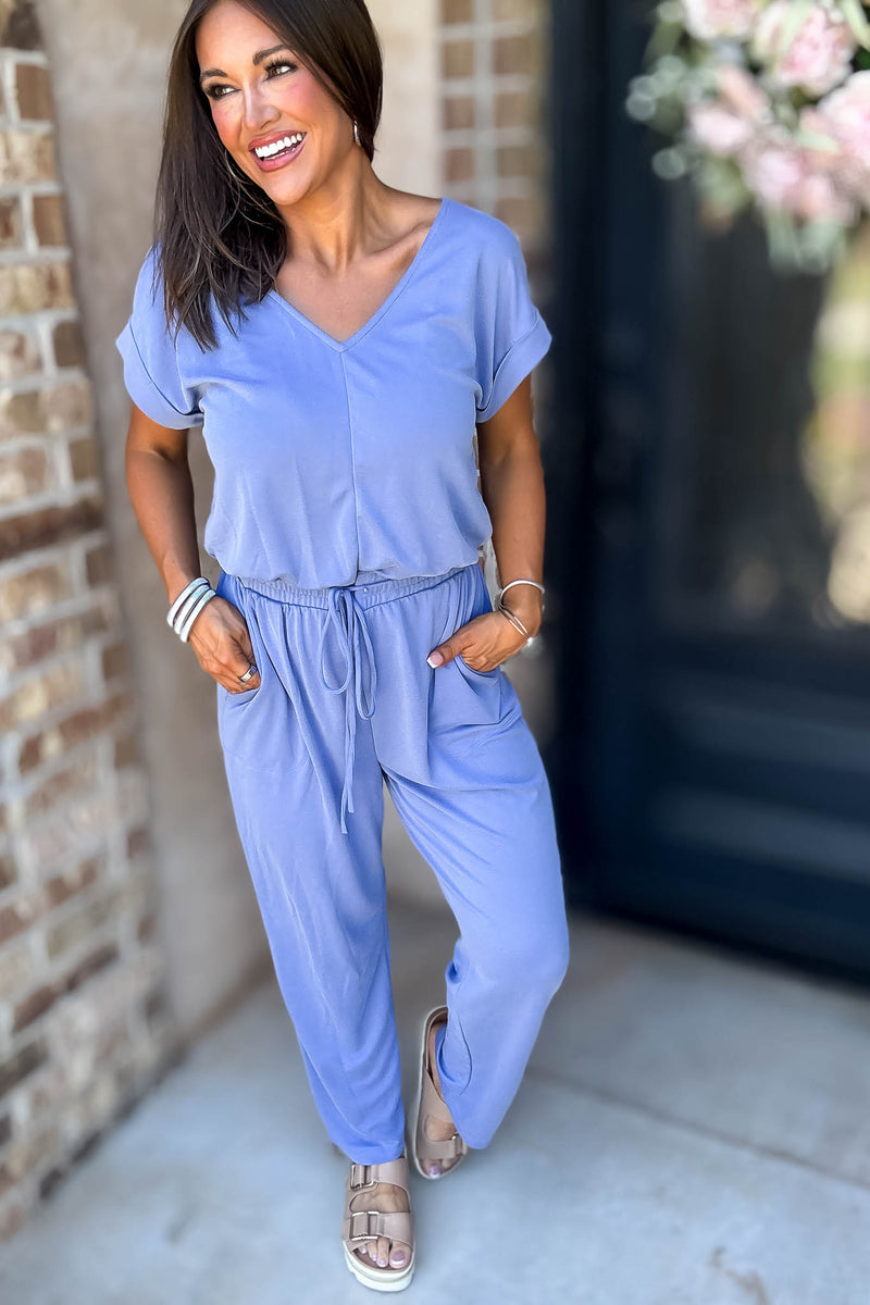 Just The One Blue Front Pockets V-neck Adjustable Waist Jumpsuit