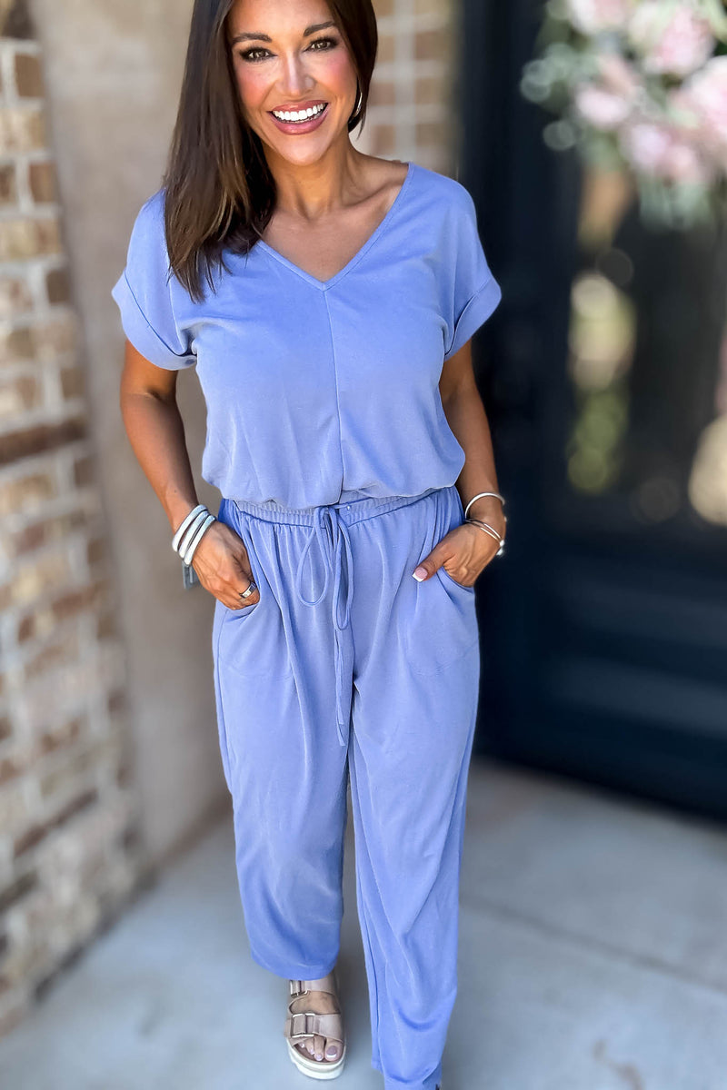 Just The One Blue Front Pockets V-neck Adjustable Waist Jumpsuit