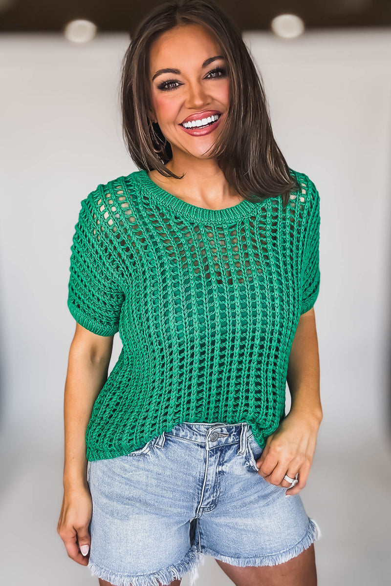 Fun In The Sun Green Open Crochet Sweater