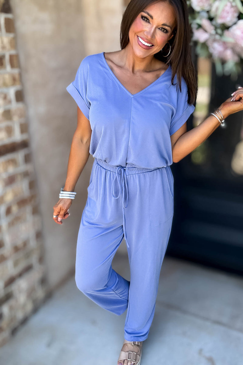 Just The One Blue Front Pockets V-neck Adjustable Waist Jumpsuit