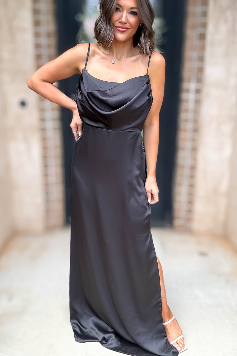 Sugar Lips Black Sleeveless Cowl Neck Side Slit Maxi Gown Dress
