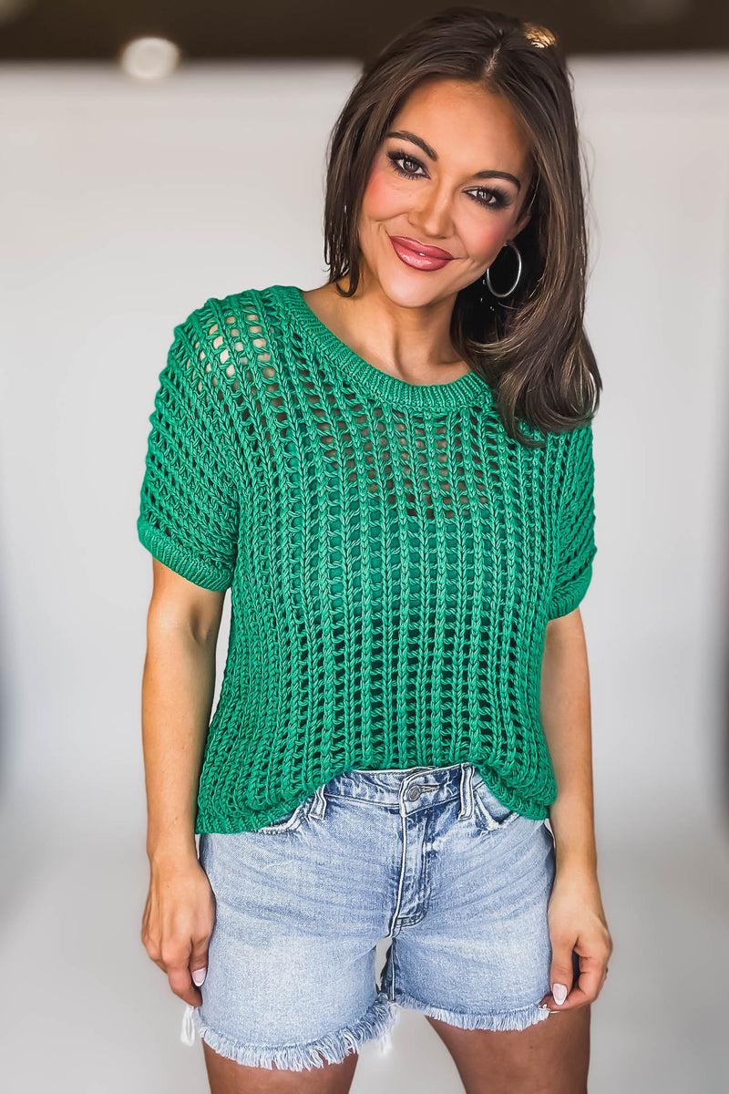 Fun In The Sun Green Open Crochet Sweater