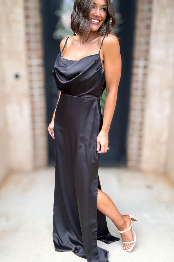 Sugar Lips Black Sleeveless Cowl Neck Side Slit Maxi Gown Dress