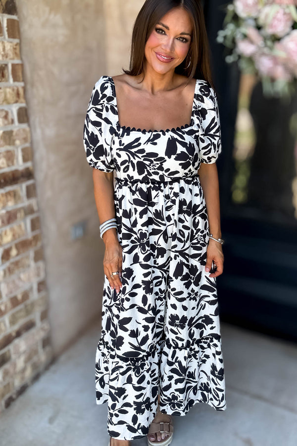 Black Floral Scallop Trim Puff Sleeve Midi Dress