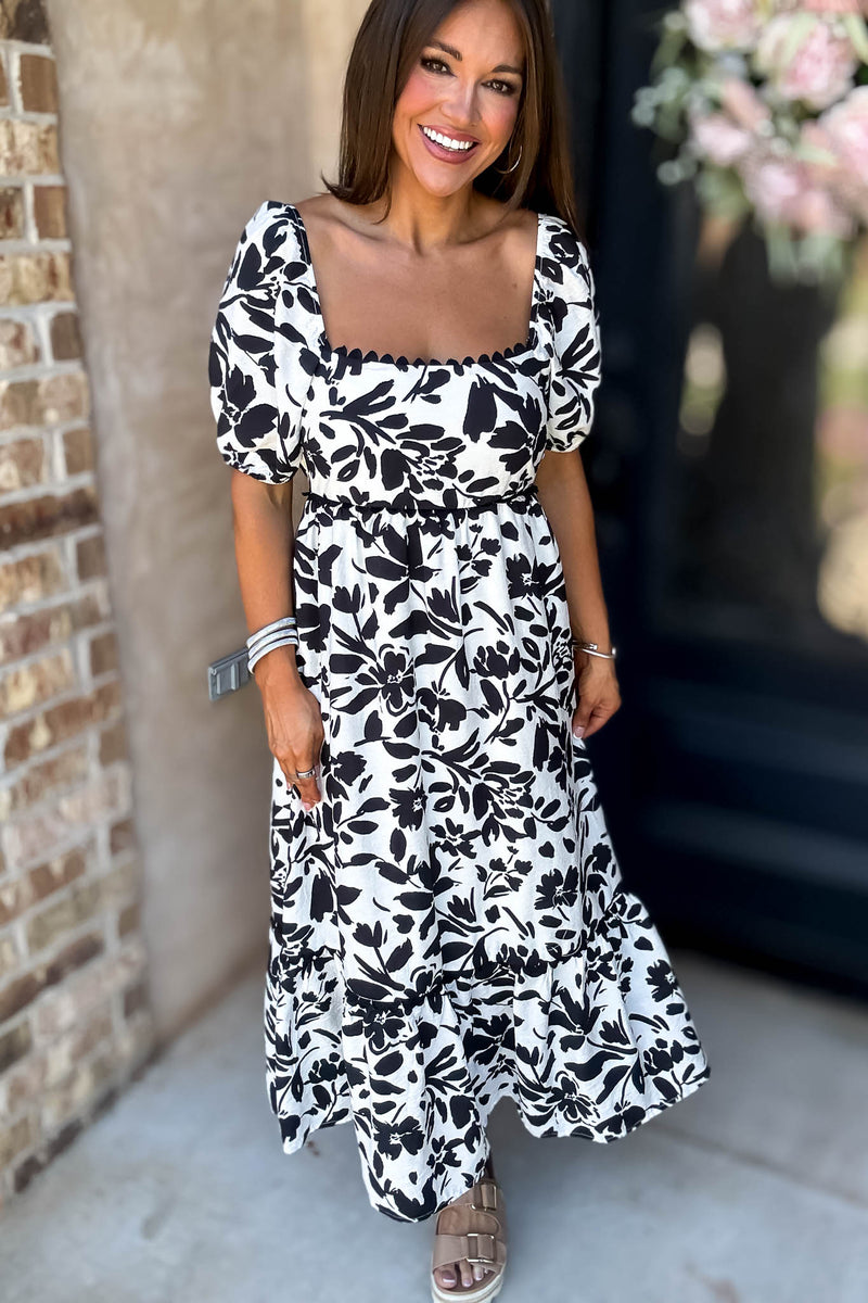 Black Floral Scallop Trim Puff Sleeve Midi Dress