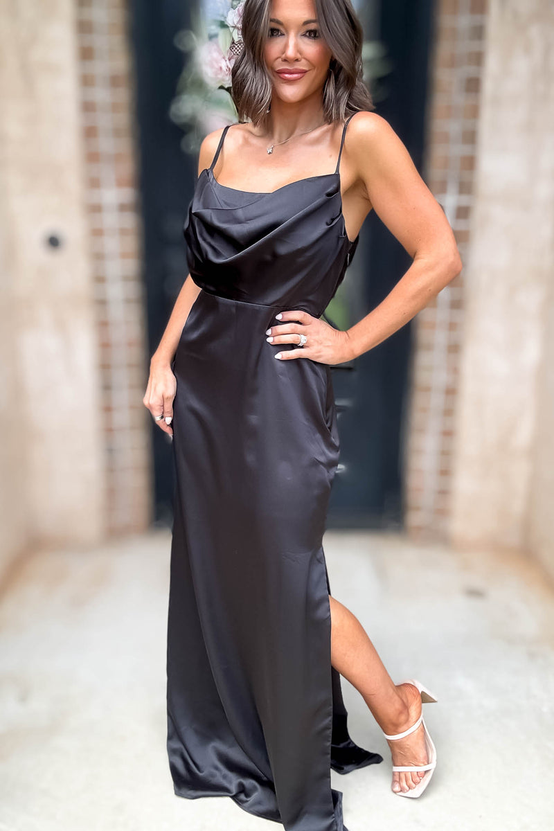 Sugar Lips Black Sleeveless Cowl Neck Side Slit Maxi Gown Dress