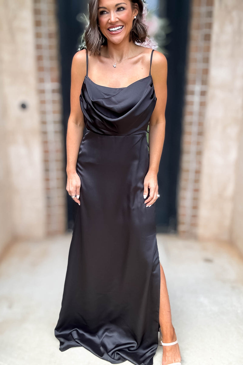 Sugar Lips Black Sleeveless Cowl Neck Side Slit Maxi Gown Dress