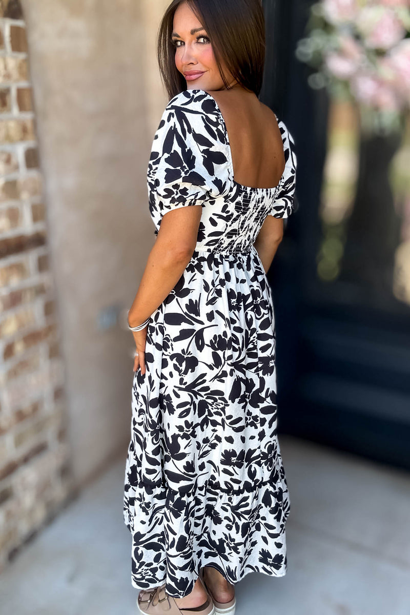 Black Floral Scallop Trim Puff Sleeve Midi Dress