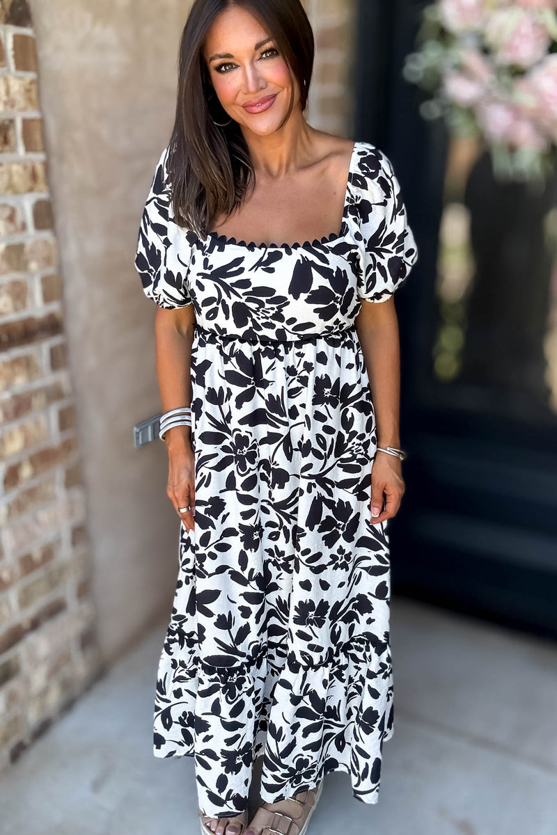 Black Floral Scallop Trim Puff Sleeve Midi Dress