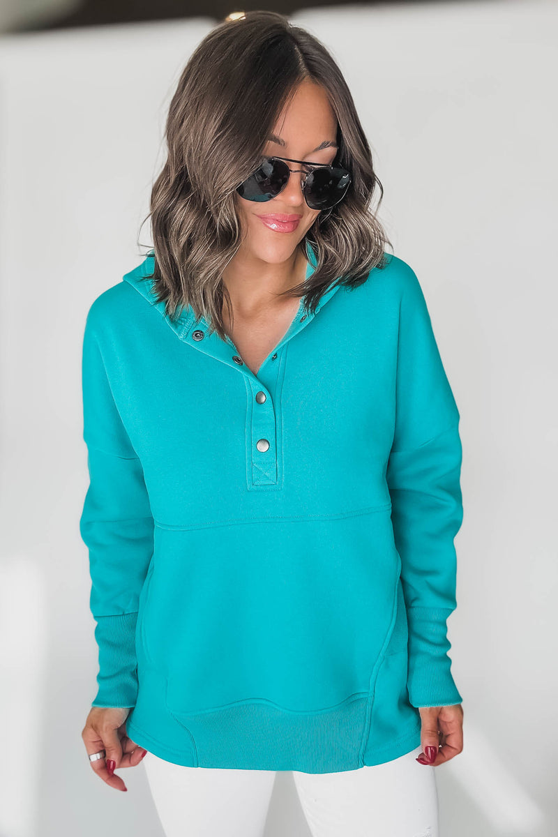 Fleece Turquoise Half Snap Button Hooded Sweatshirt