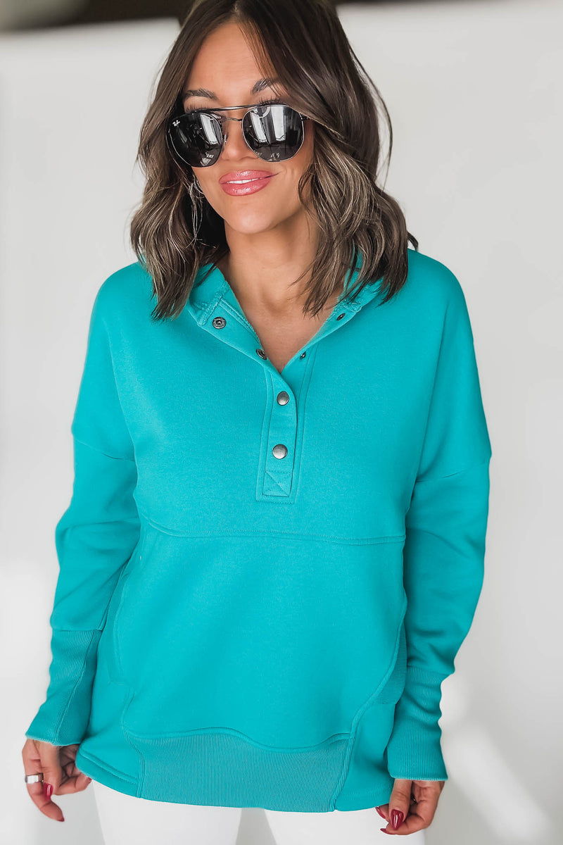 Fleece Turquoise Half Snap Button Hooded Sweatshirt
