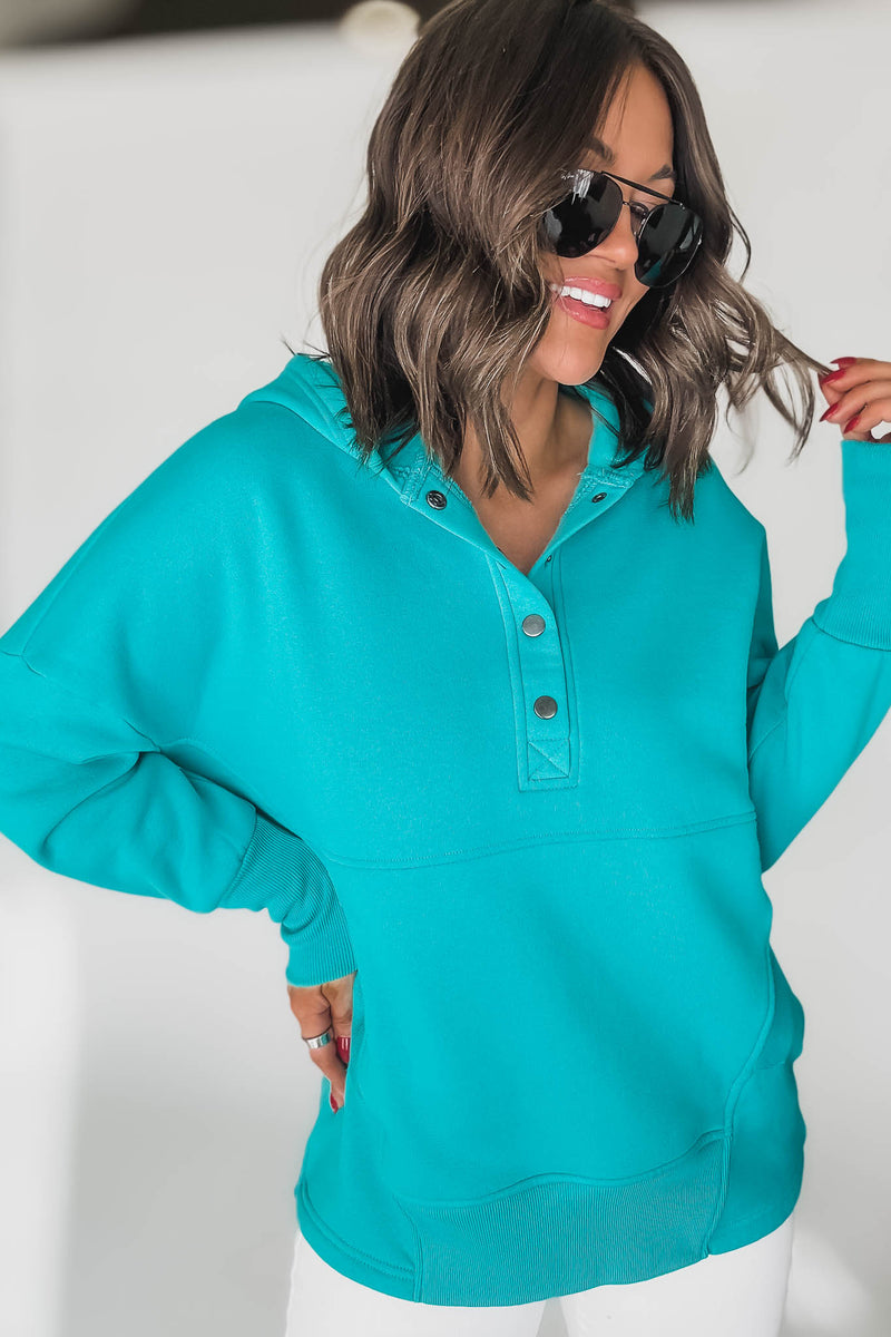 Fleece Turquoise Half Snap Button Hooded Sweatshirt
