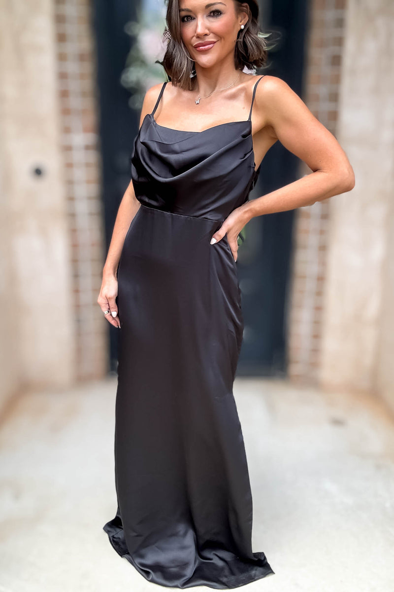 Sugar Lips Black Sleeveless Cowl Neck Side Slit Maxi Gown Dress