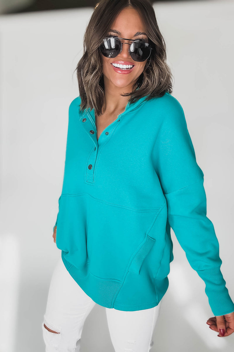 Fleece Turquoise Half Snap Button Hooded Sweatshirt