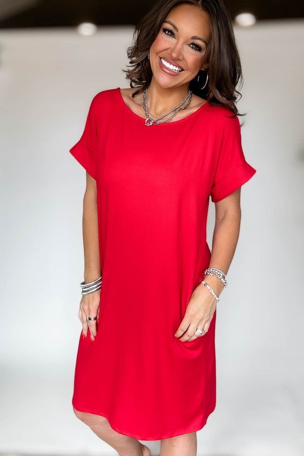 Rolled Short Sleeve Round Neck Red Dress