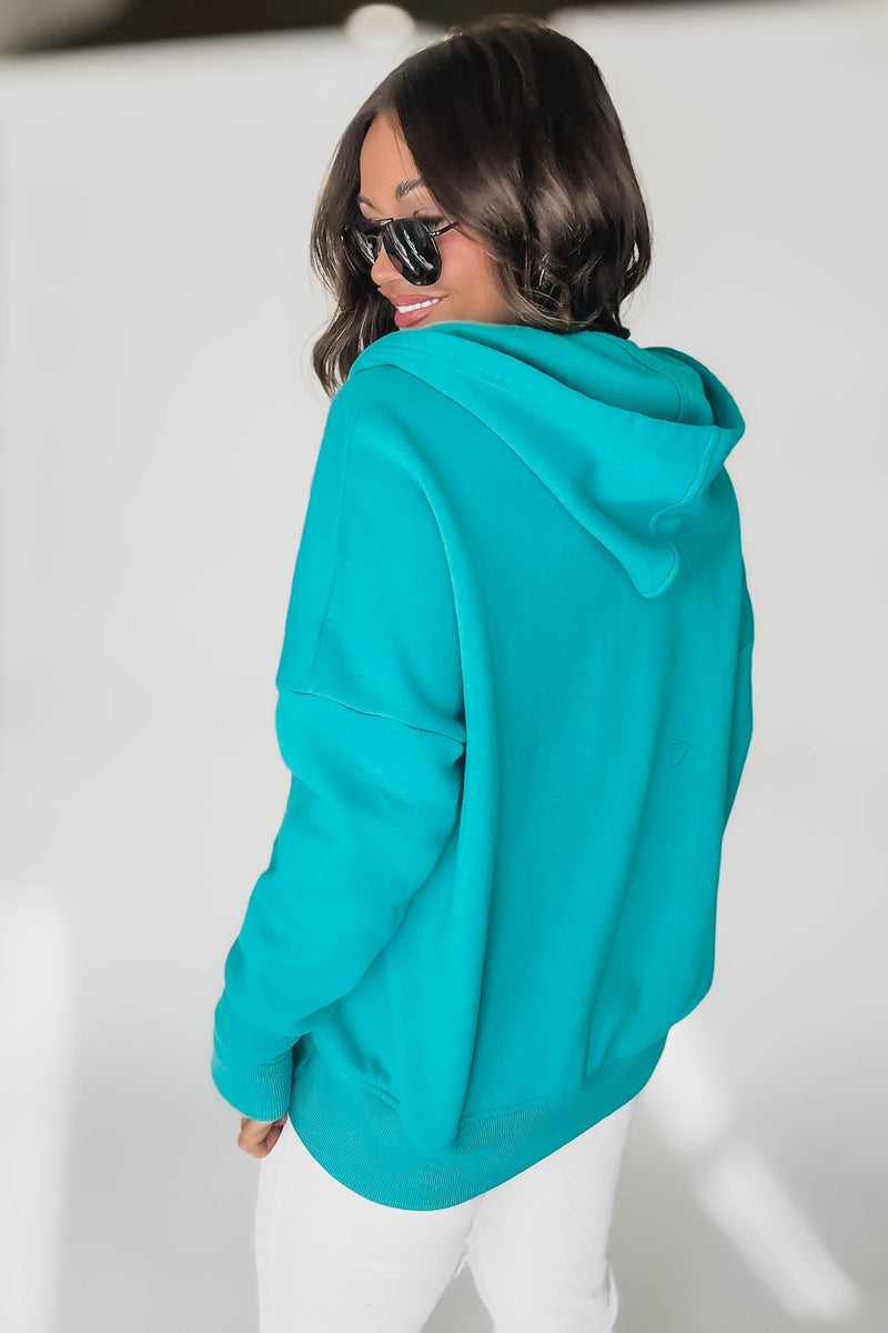 Fleece Turquoise Half Snap Button Hooded Sweatshirt