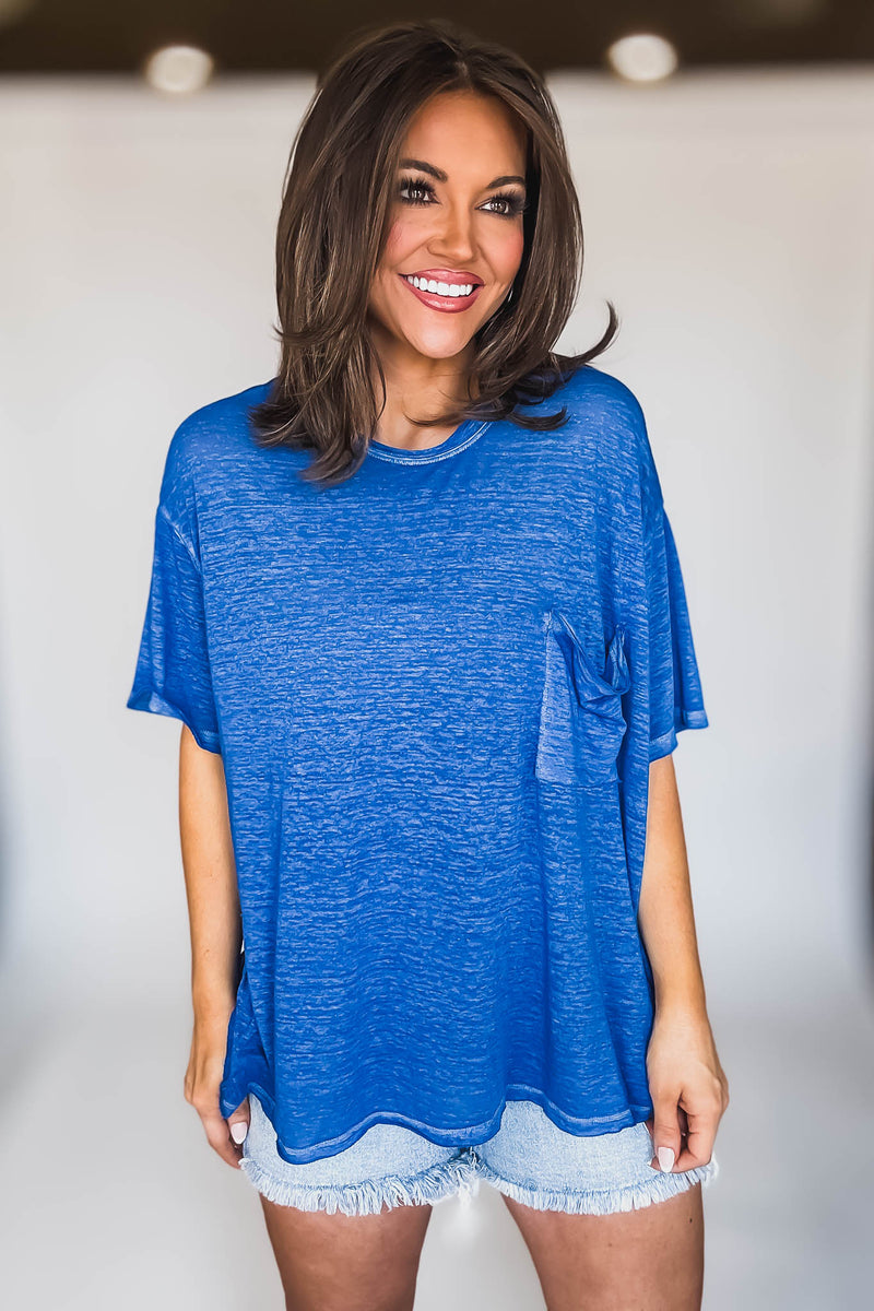 Oversized Classic Blue Washed Melange Burnout Raw Edge Tee