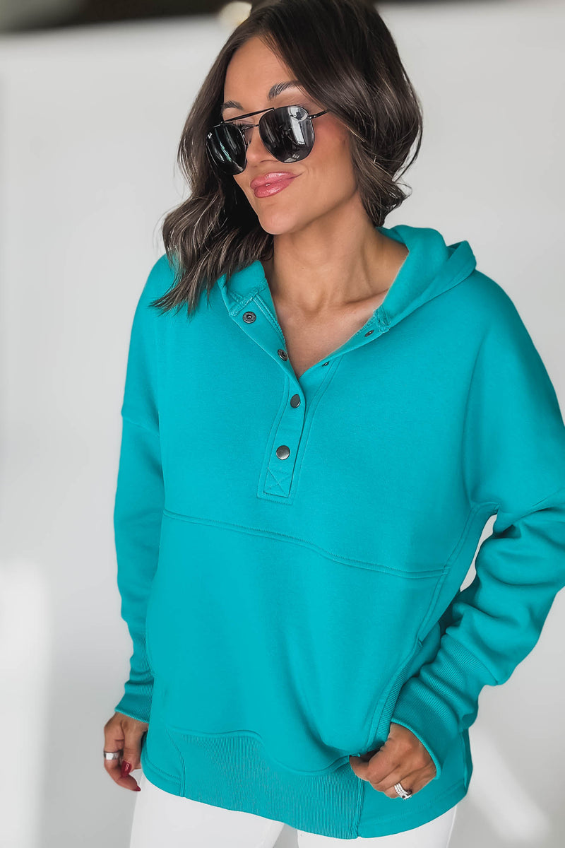 Fleece Turquoise Half Snap Button Hooded Sweatshirt
