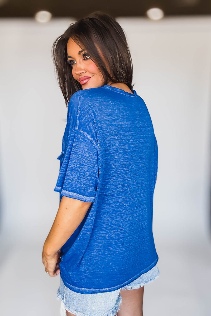 Oversized Classic Blue Washed Melange Burnout Raw Edge Tee