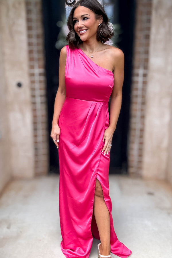 Sugar Lips Fuchsia One Shoulder Surplice Front Slit Maxi Gown Dress