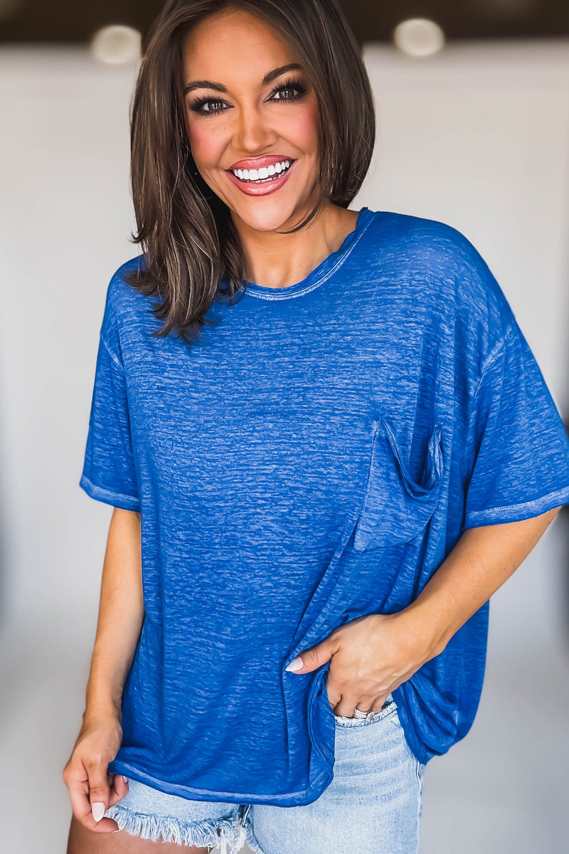 Oversized Classic Blue Washed Melange Burnout Raw Edge Tee