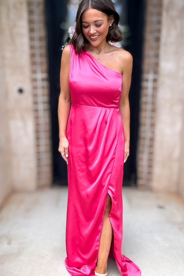 Sugar Lips Fuchsia One Shoulder Surplice Front Slit Maxi Gown Dress