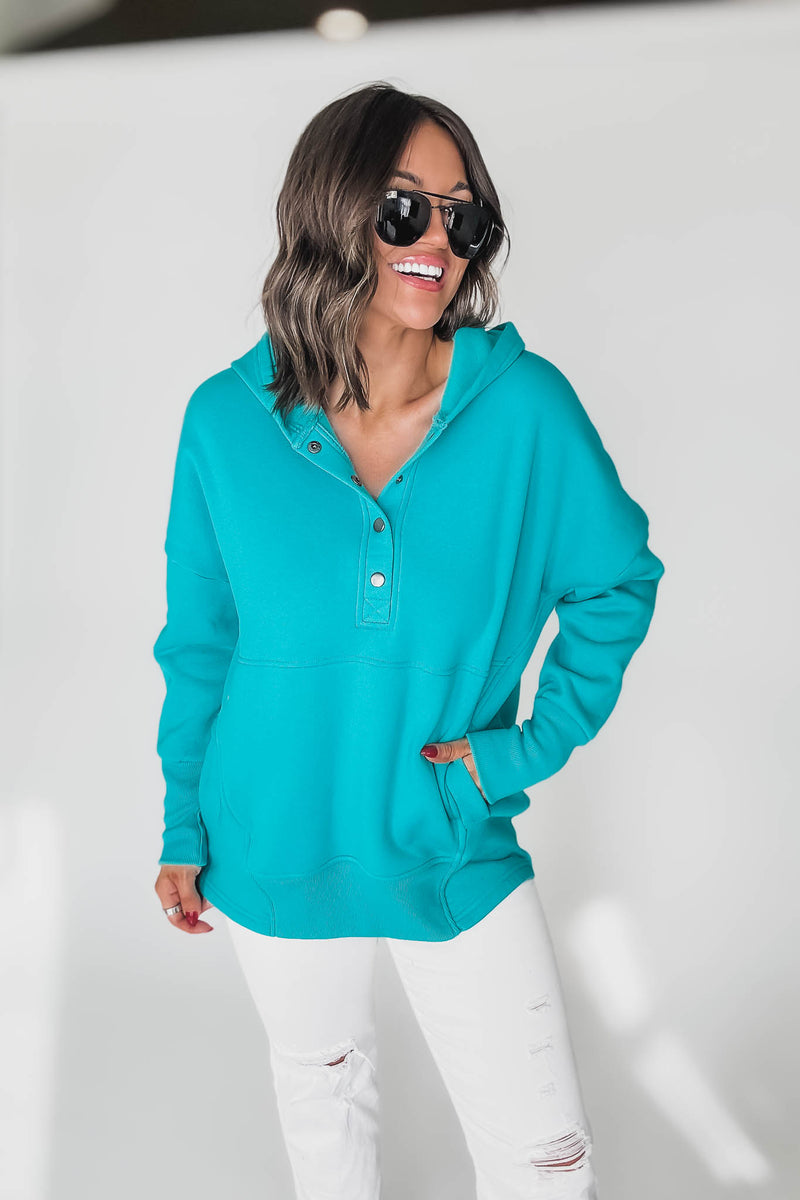 Fleece Turquoise Half Snap Button Hooded Sweatshirt